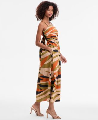 Women's Cotton Pleated-Bodice Tie-Back Midi Dress