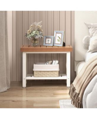 2-Tier HDPE Shower Chair with Storage Shelf and Anti-slip Foot Pads for Bath Spa-Brown