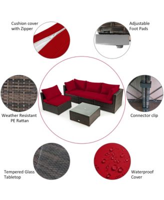 5PCS Patio Rattan Furniture Set Cushioned Sofa Chair Coffee Table