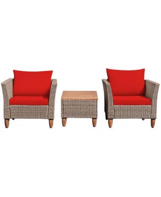 3PCS Patio Rattan Bistro Furniture Set Wood Table Top Cushion Sofa