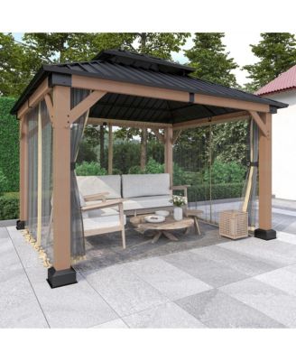 12 ft. x 10 ft. Outdoor Fir Solid Wood Frame Patio Gazebo Canopy Shelter with Galvanized Steel Hardtop Roof Pavilion