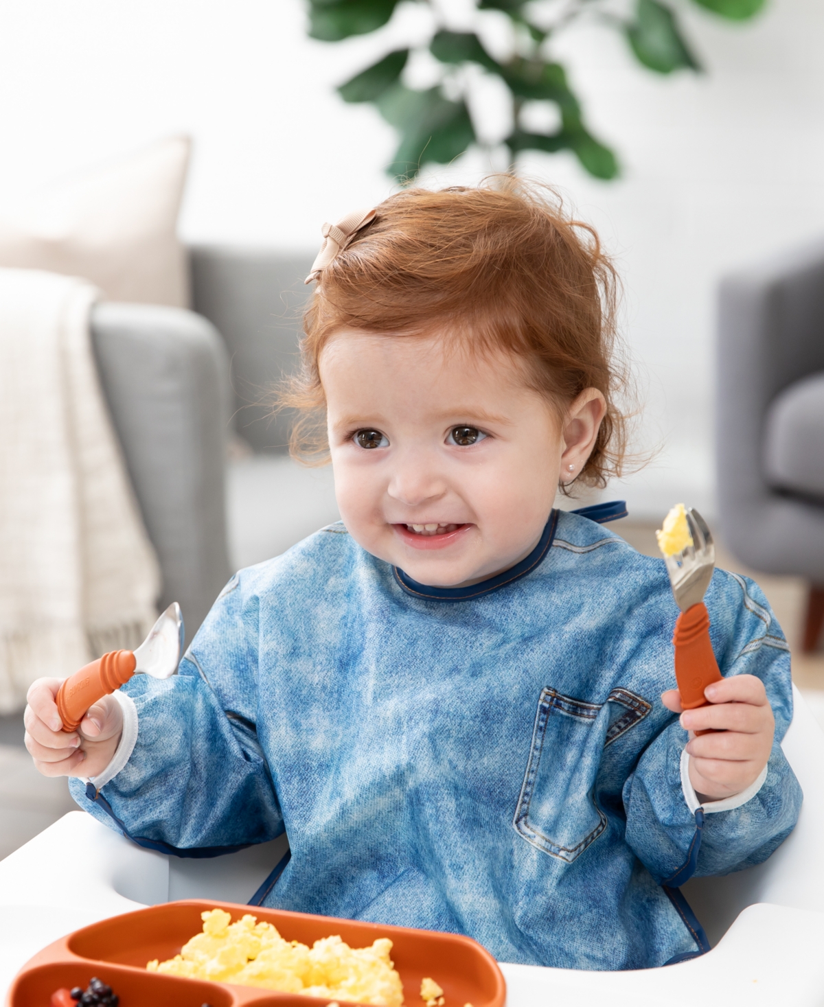 Bumkins Denim Print Sleeved Bib In Blue