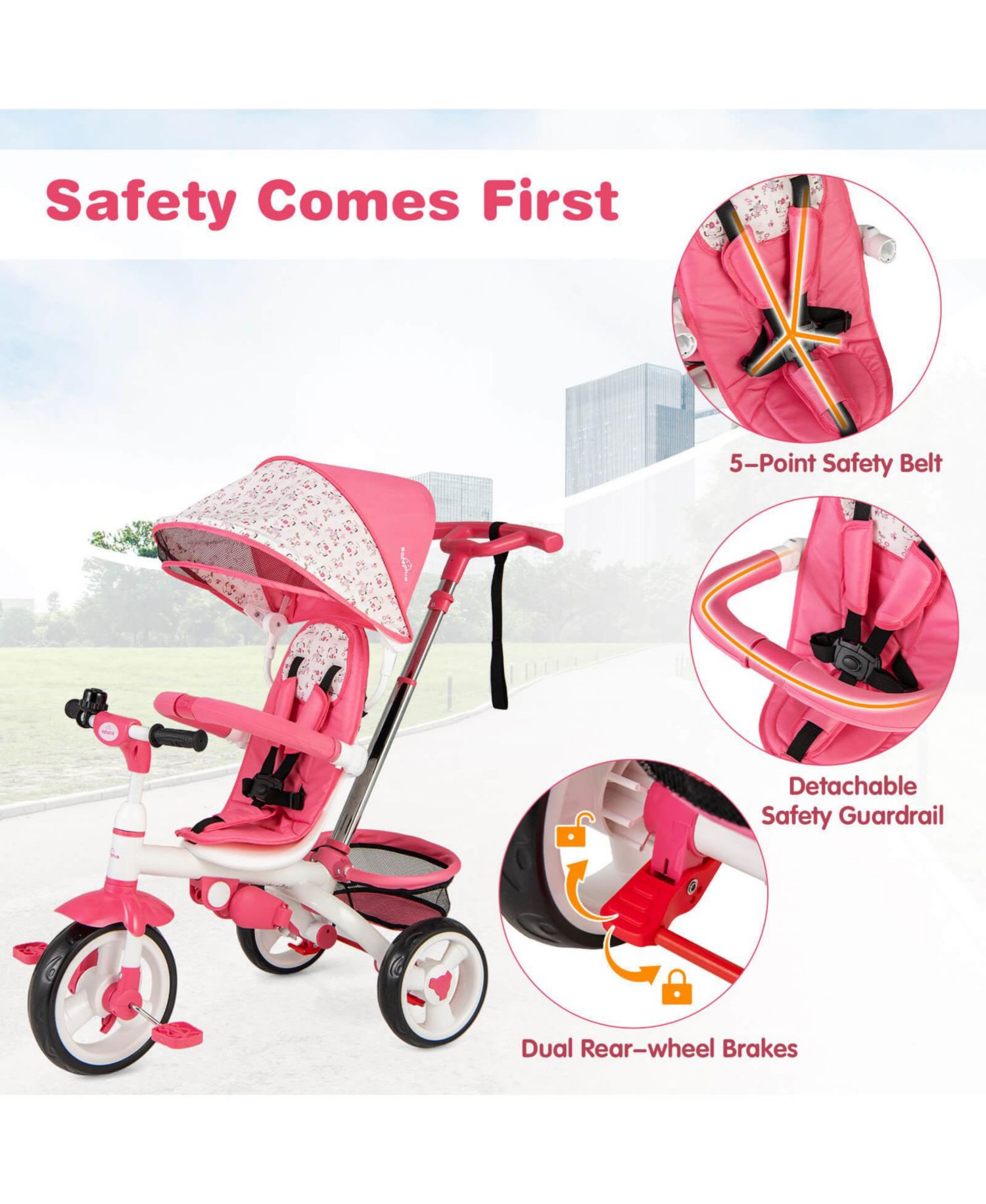 Baby Tricycle Stroller 6-in-1 Kids Push Trike with Removable
