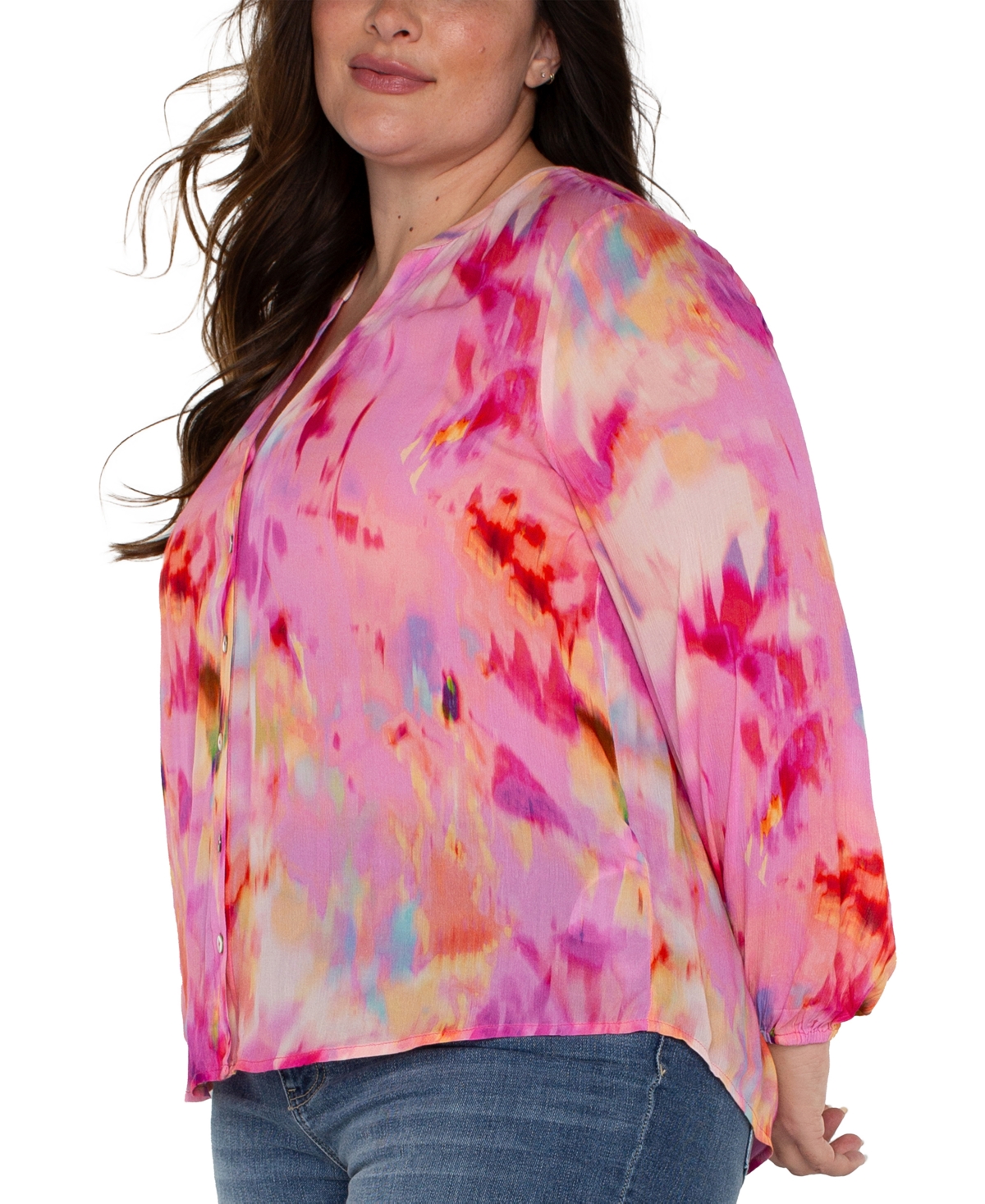 Liverpool Los Angeles Watercolor Shirred Long Sleeve Chiffon Button-up Top