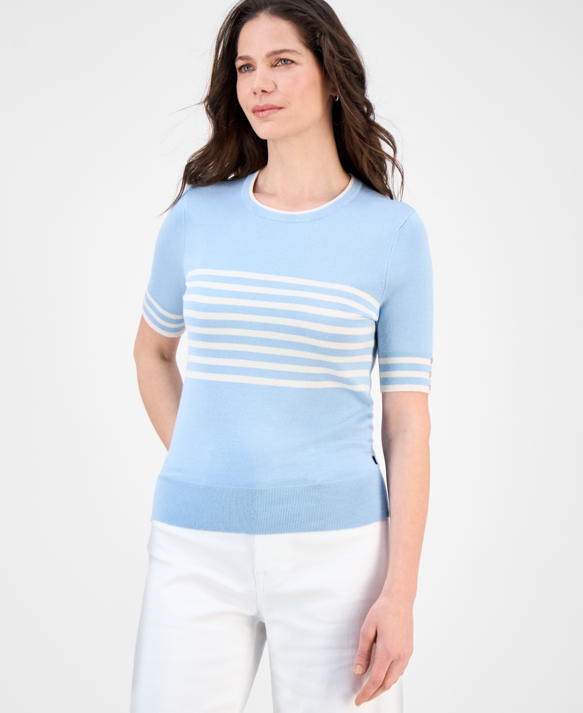 Women's Striped Button-Trim Short-Sleeve Sweater - Night Sky Multi