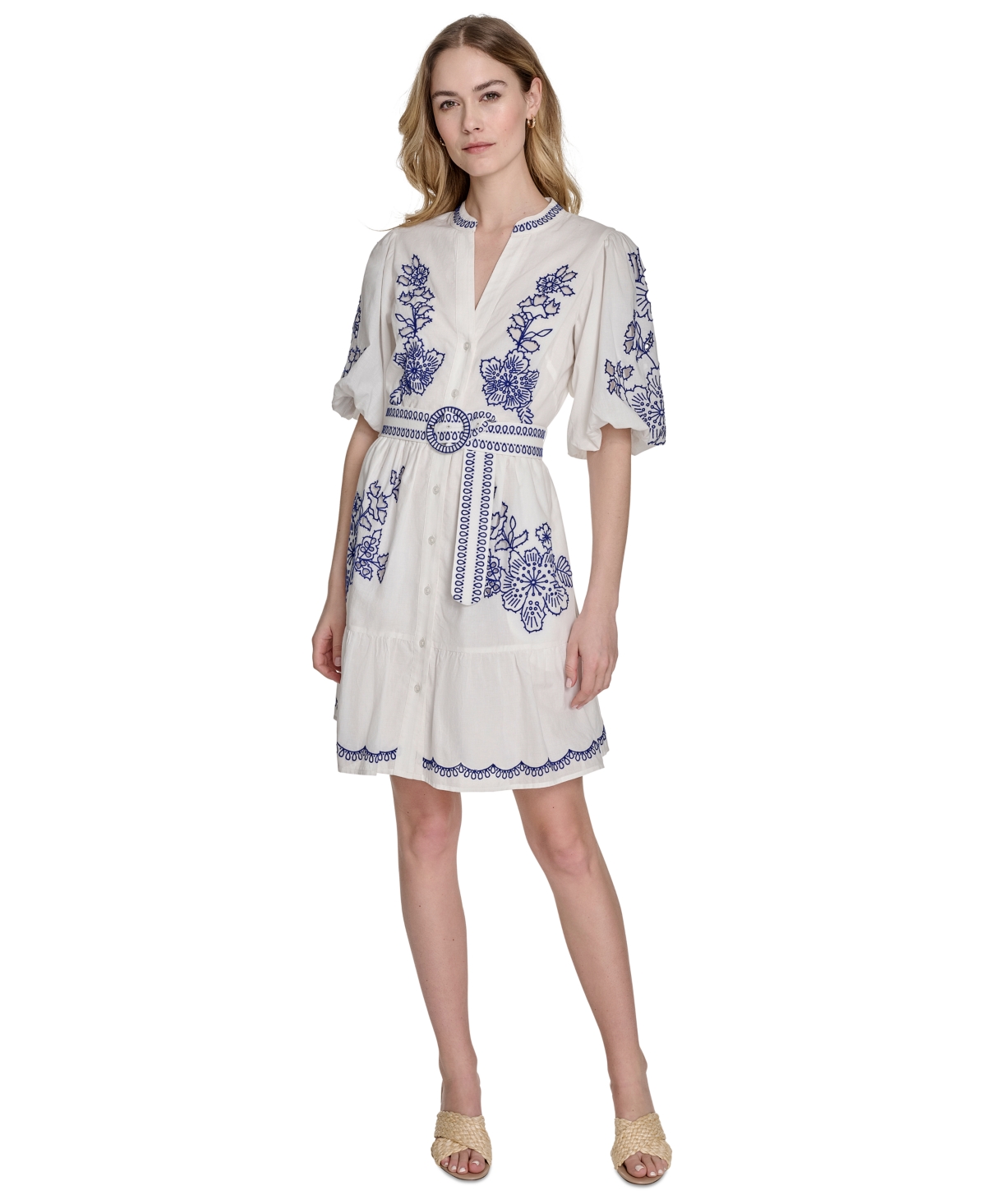 Shop Eliza J Petite Embroidered Belted Button-front Cotton Dress