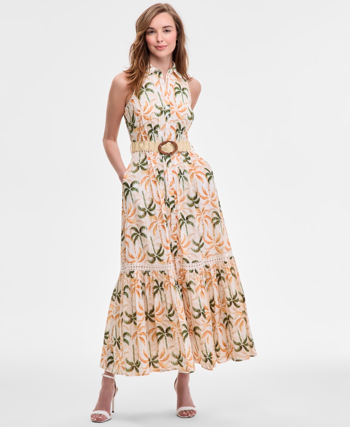 Women's Printed Taffeta-Belt Sleeveless Dress - Magnoliaoc