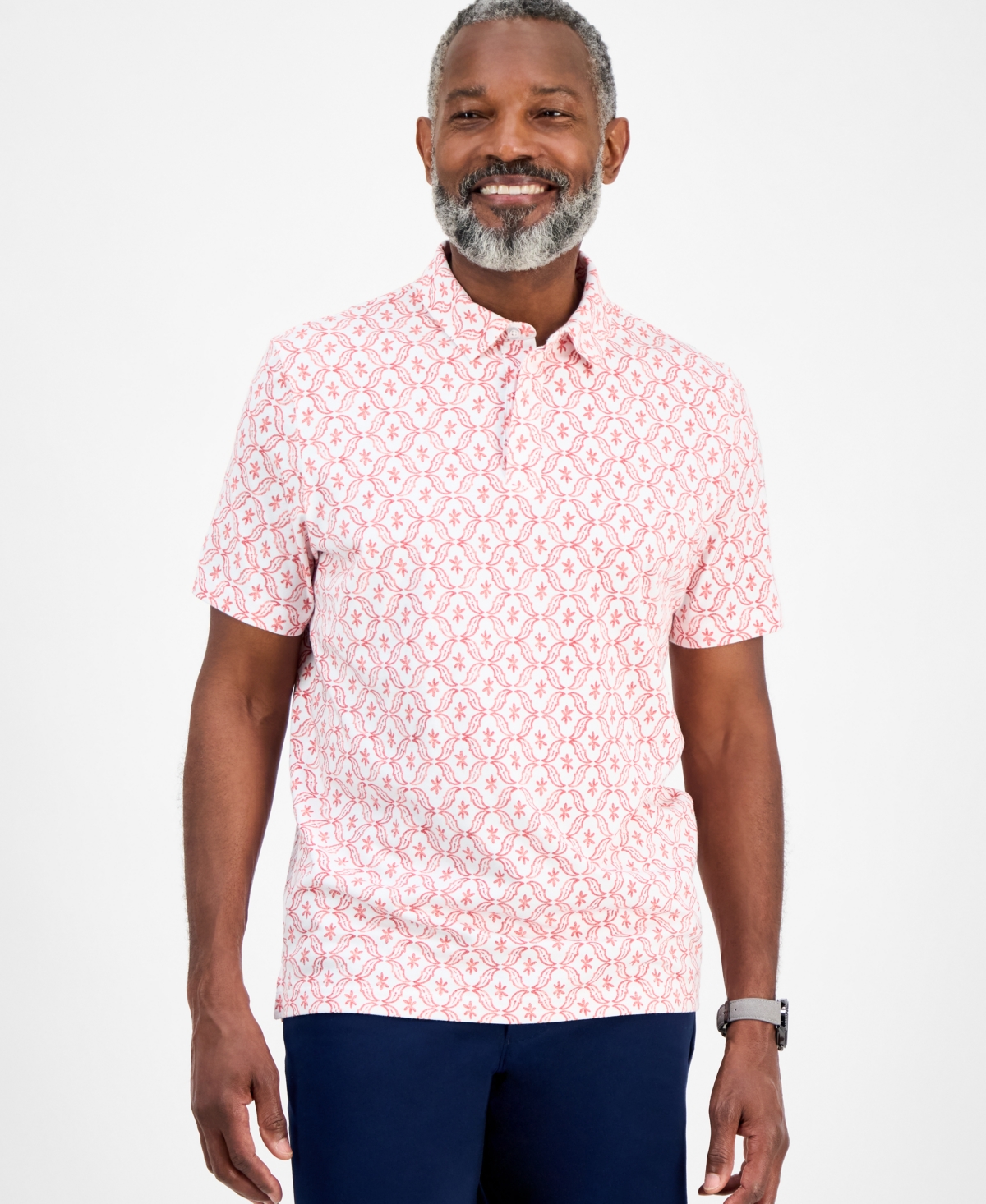 Men's Ted Short Sleeve Medallion Print Polo Shirt, Exclusively at Macy's - White