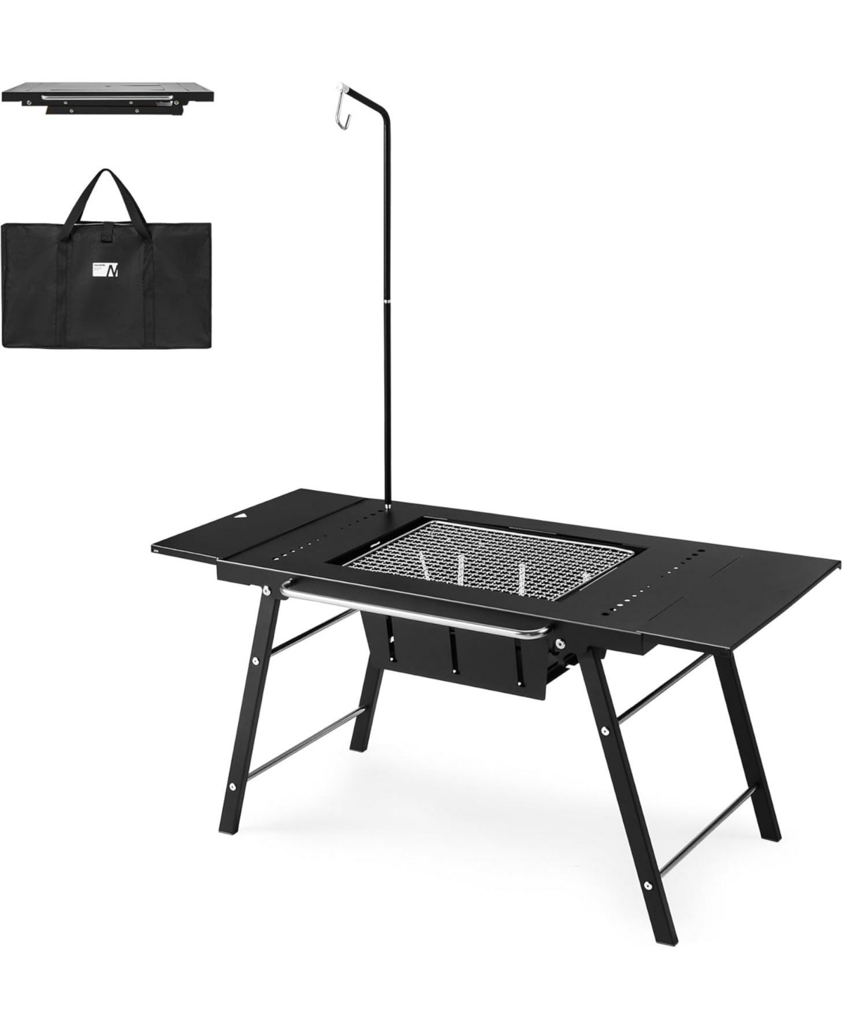 Portable Igt Table with Charcoal Grill, Folding Camping Table and Bbq Grill with Desk Extension & Lantern Stand - Black
