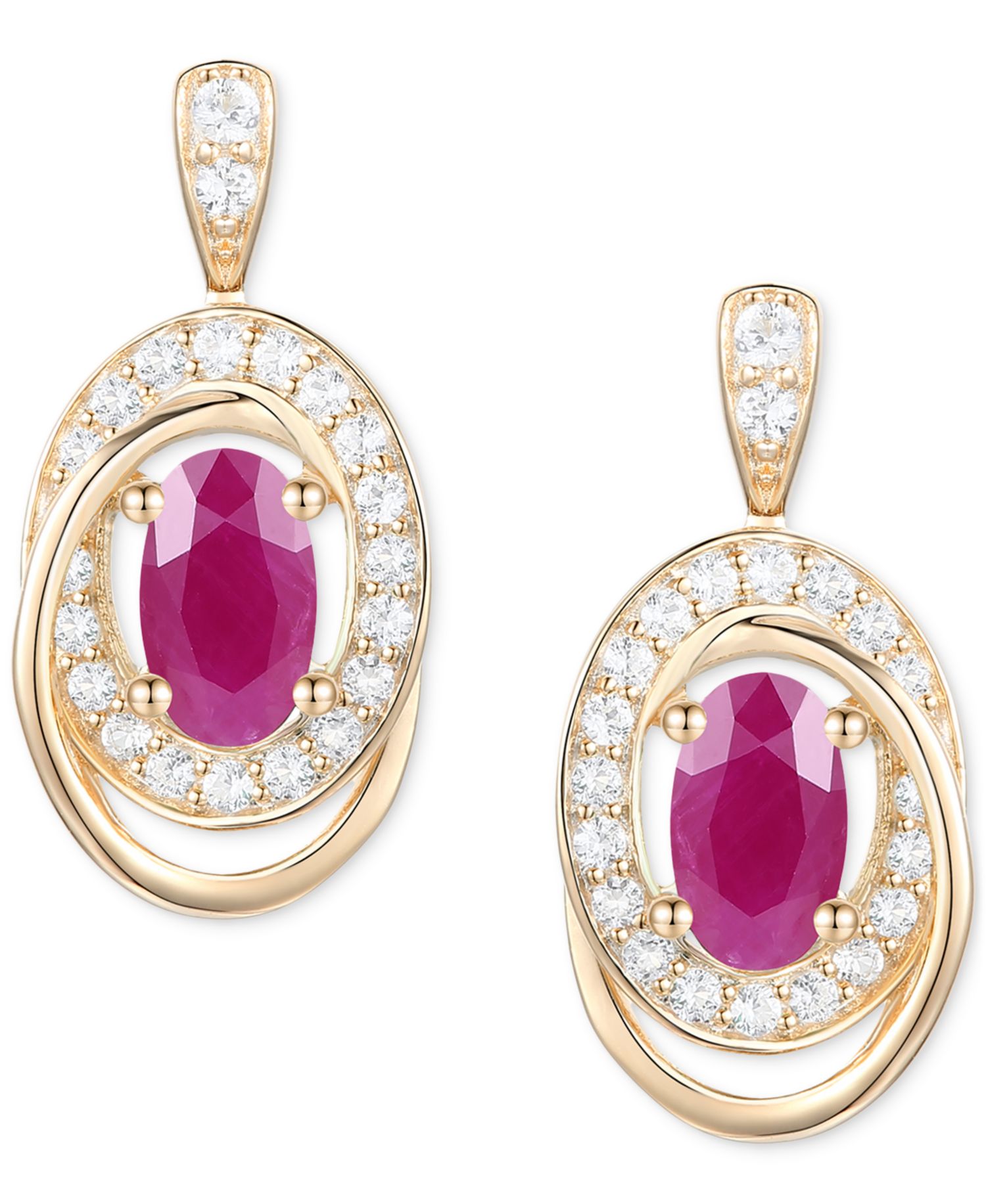 Emerald (3/8 ct. t.w.) & Diamond (1/5 ct. t.w.) Oval Swirl Drop Earrings in 14k Gold (Also in Ruby & Sapphire)