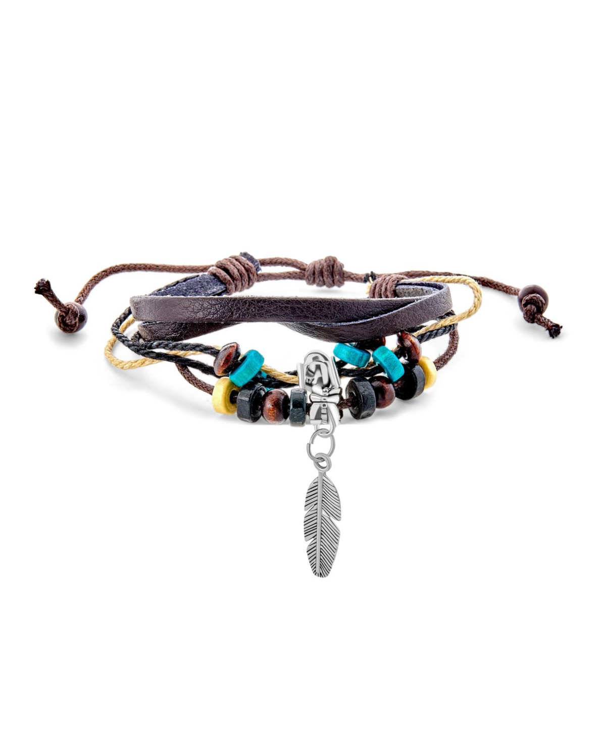 Boho Zen Leaf Triple Wrap Bracelet with Turquoise Beads and Feather Charm - Brown