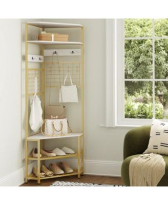 Corner Hall Tree with 5-Tier Shelves and Shoe Bench for Entryway Organization