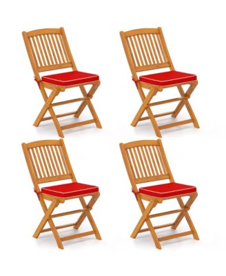 Outdoor Folding Chairs Set of 4 Acacia Wood High-Back Chair with Seat Cushions