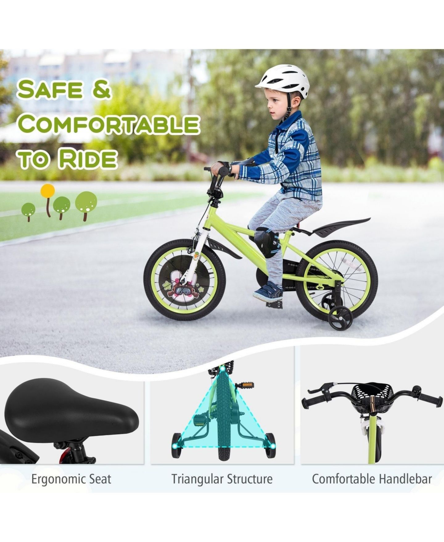 Детские игрушки HONGGE 16" Kids Bike Adjustable Detachable Training Wheels, Ages 4-8, цвет: Зелёный — фото 7