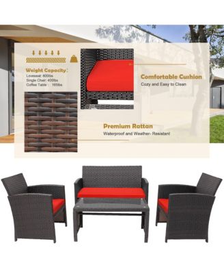 4PCS Patio Rattan Furniture Set Cushioned Chair Sofa Coffee Table