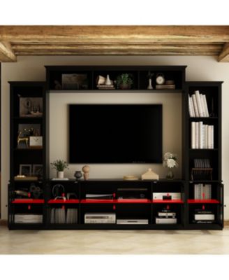 TV stand with top, left and right cabinets, multi-purpose media wooden console, entertainment center with tempered glass