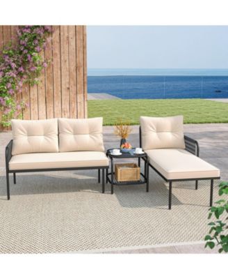 3-Piece L Shaped Patio Furniture Set w/Tempered Glass Table Back & Seat Cushions