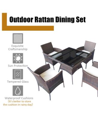 5PCS Rattan Patio Dining Table Set Outdoor Furniture Set w/ 4 Seat Cushions