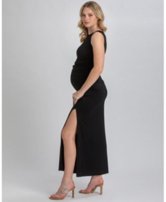 Maternity Sleeveless Side-Ruched Blossom Maxi Split Dress