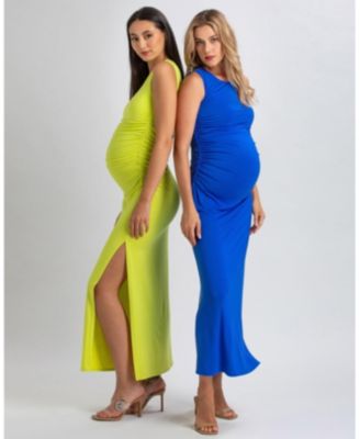 Maternity Sleeveless Side-Ruched Blossom Maxi Split Dress