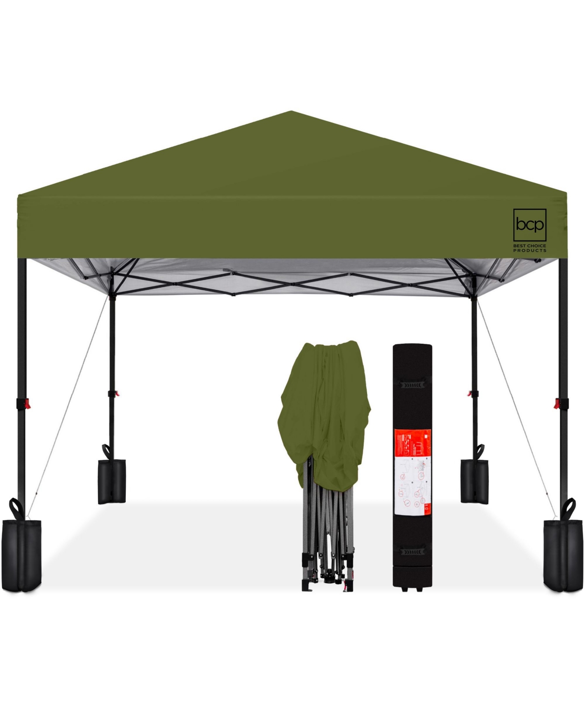 10x10ft Easy Setup Pop Up Canopy w/ 1-Button Setup, Wheeled Case, 4 Weight Bags - Olive green