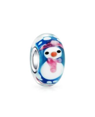 Set of 2 Christmas Charm Bead Snowman Murano Glass Silver for European Bracelet