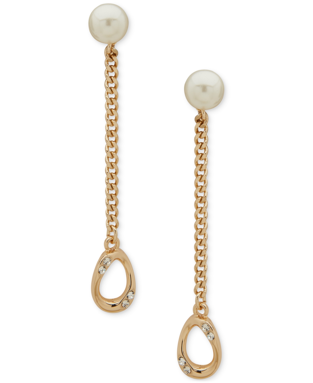 Gold-Tone Pave & Imitation Pearl Curb Chain Linear Drop Earrings - Peal