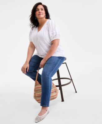 Plus Size V-Neck Short-Sleeve Contrast-Trim Top, Exclusively at Macy's 