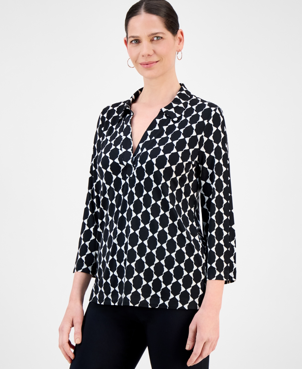 Women's Printed Collared 3/4-Sleeve Top, Exclusively at Macy's - Stonewall Combo