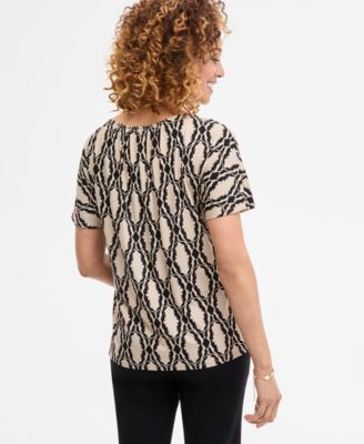 Petite Printed Shirred-Neck T-Shirt, Exclusively at Macy's