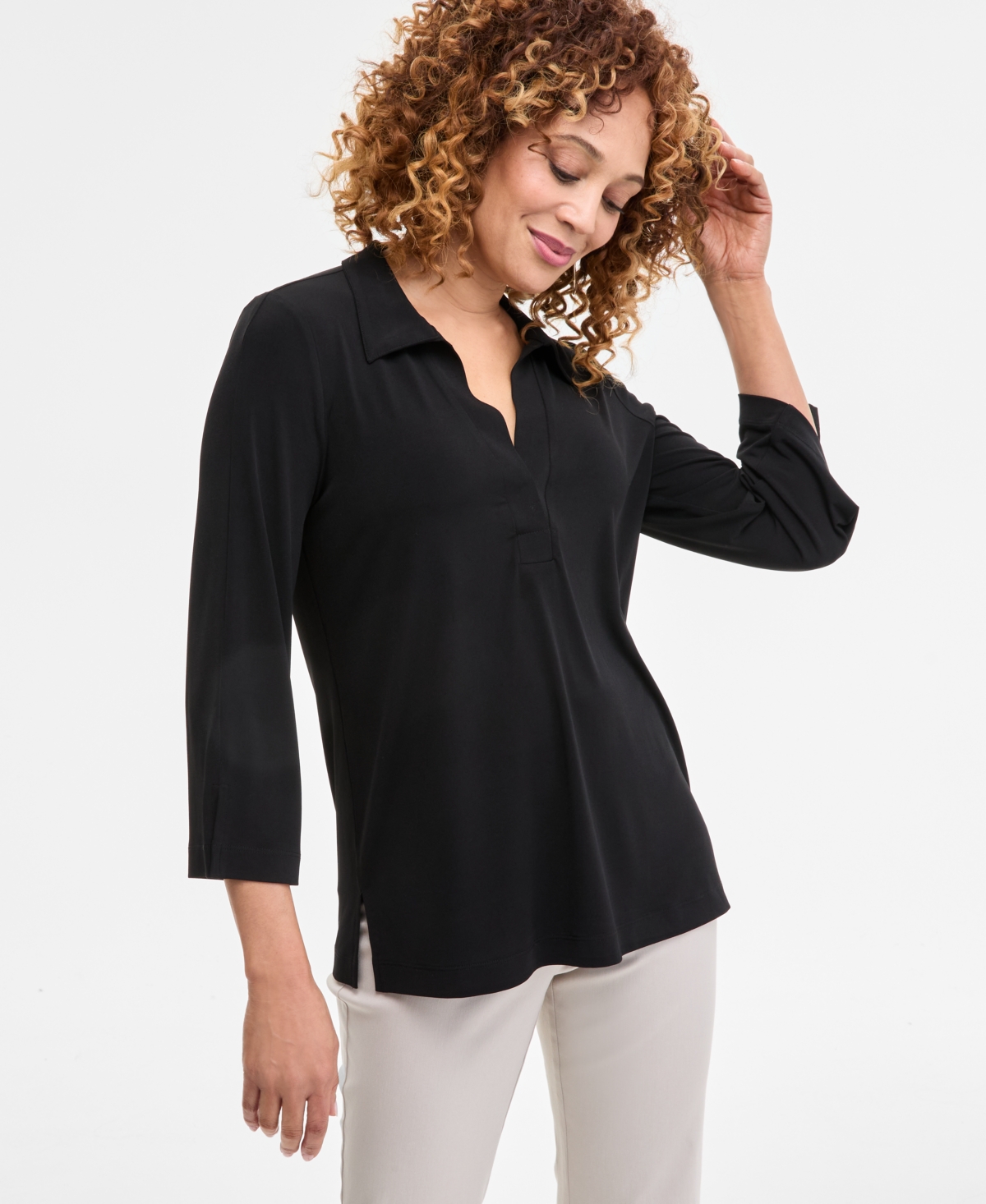 Women's Solid Collared 3/4-Sleeve Top, Exclusively at Macy's - Intrepid Blue
