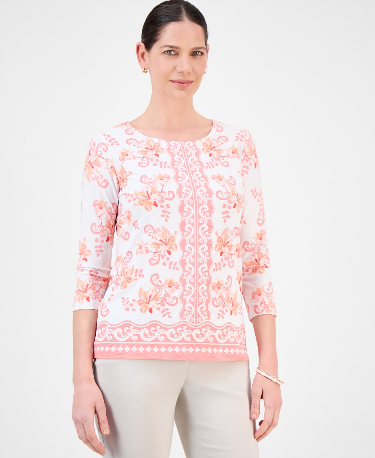 Women's Printed 3/4 Sleeve Scoop-Neck Jacquard Top, Exclusively at Macy's - Blooming Black Flower Combo