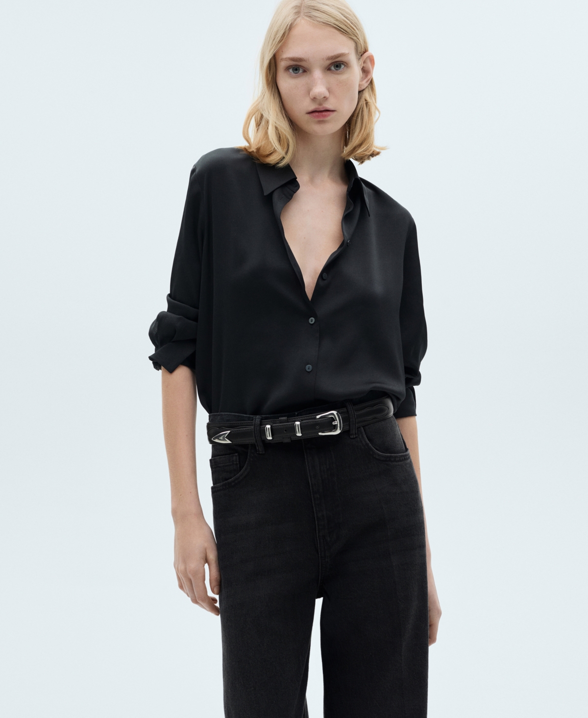 Shop Mango Women's High-waist Wide Leg Jeans In Black Denim
