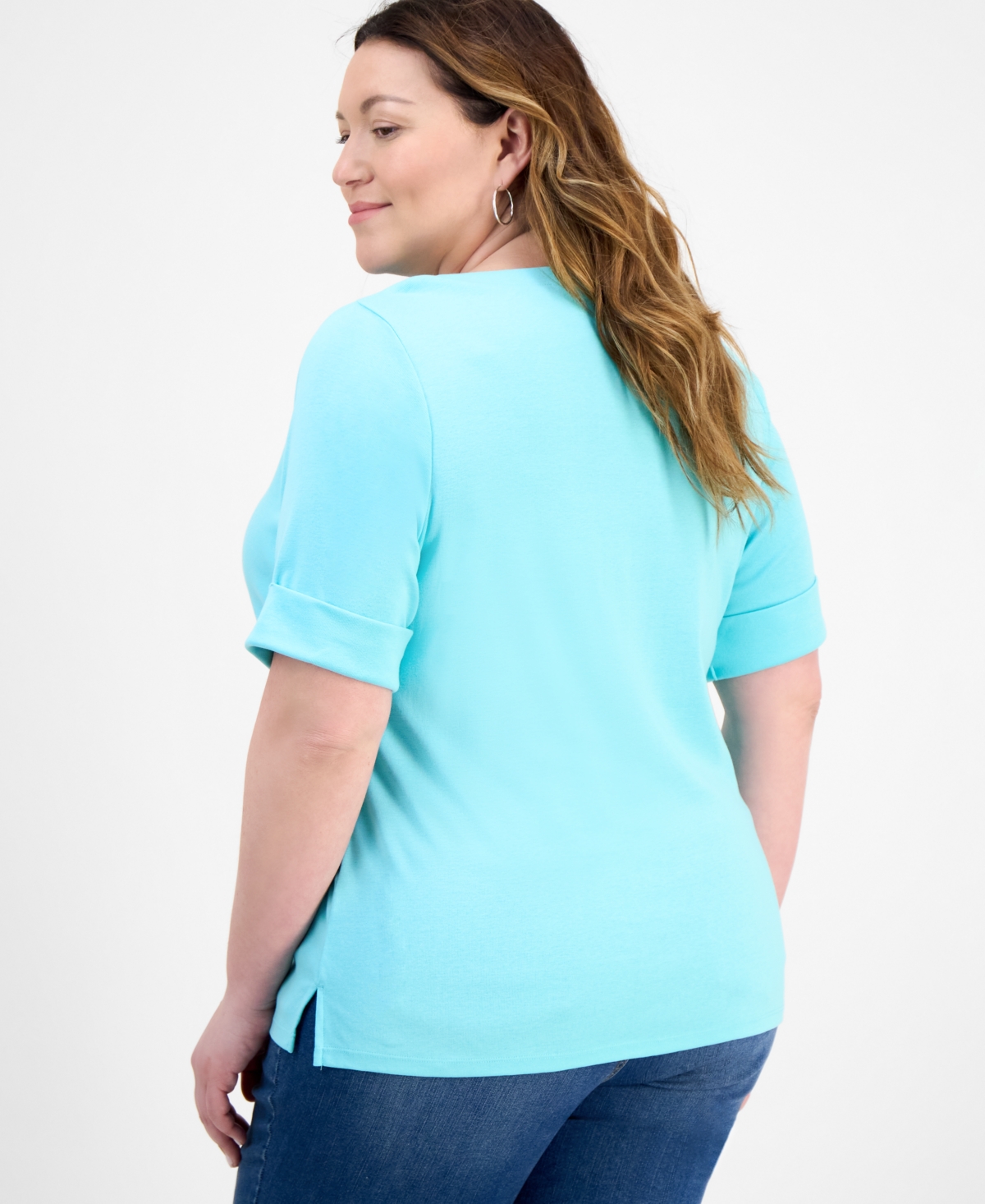 Style & Co Plus Size Boat-neck Elbow Sleeve Cotton Top, Exclusively At Macy's In Blue