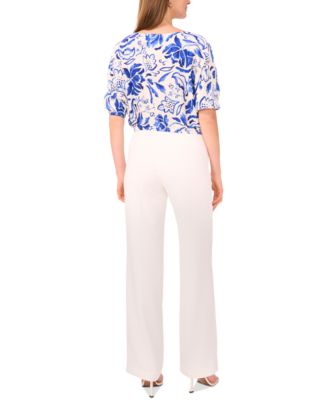 Petite Printed Boat-Neck Elbow-Sleeve Top