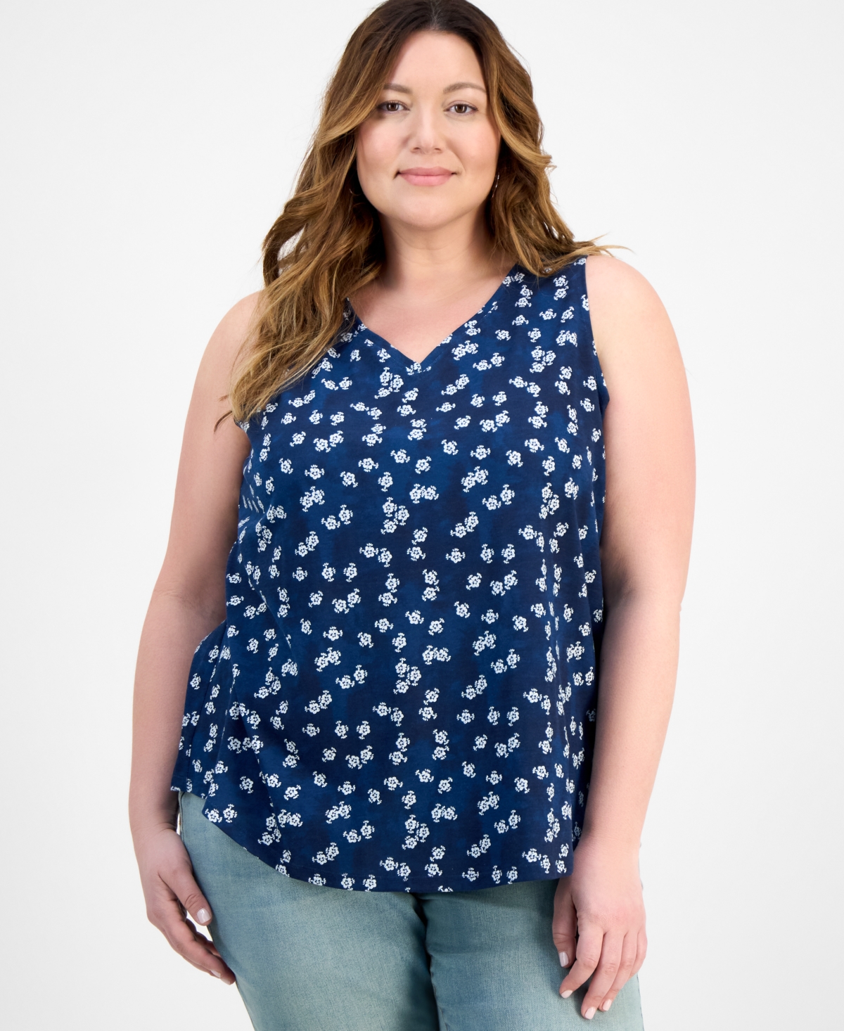 Plus Size V-Neck Printed Perfect Tank Top, Exclusively at Macy's - Industrial Blue Combo