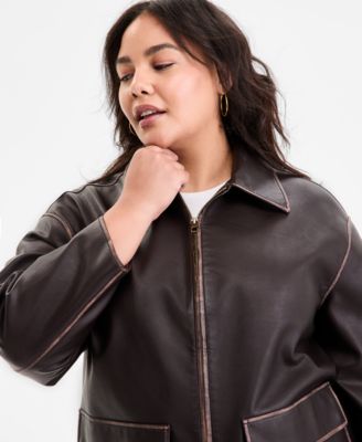 Plus Size Zip-Front Faux-Leather Coat