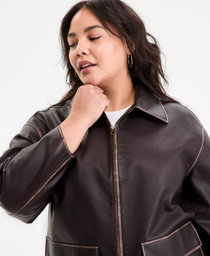 Plus Size Zip-Front Faux-Leather Coat - thumbnail 3