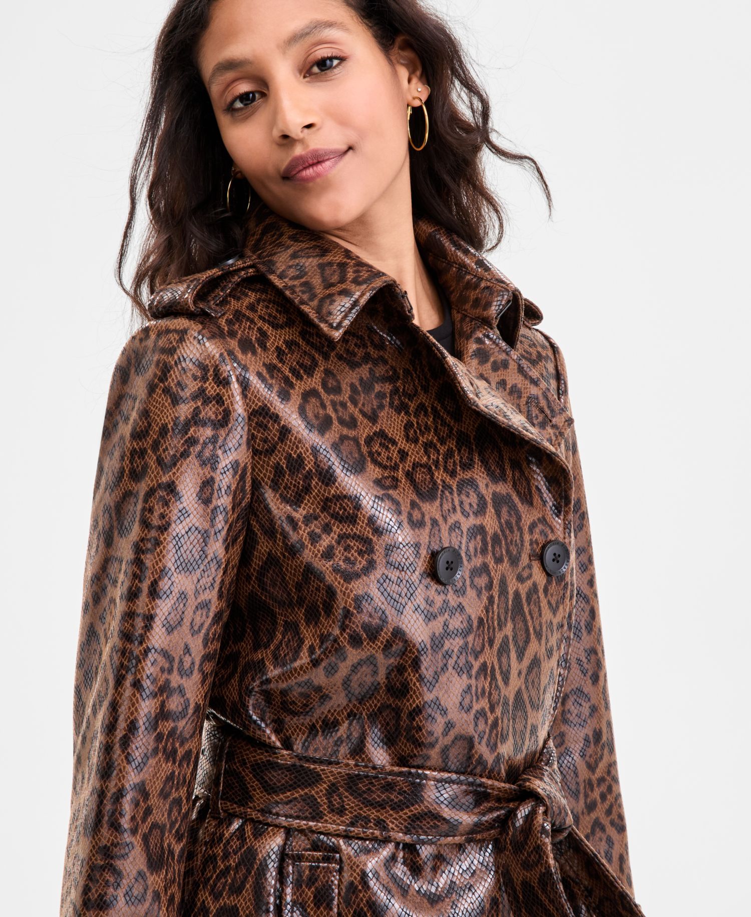 Petite Double-Breasted Faux-Leather Belted Trench Coat