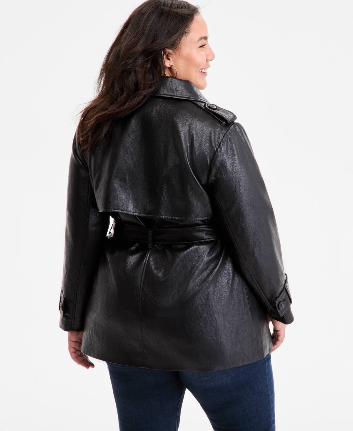 Bcbgmaxazria Plus Size Double-breasted Faux-leather Belted Trench Coat In Black