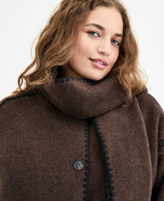 Plus Size Button-Front Edge-Stitch Scarf Coat