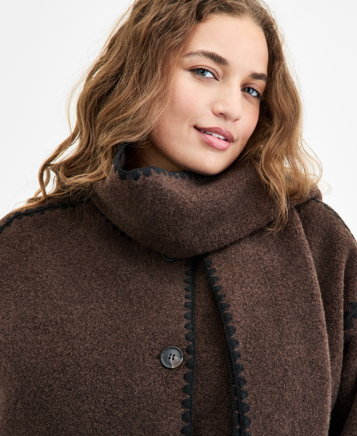 Bcbgmaxazria Plus Size Button-front Edge-stitch Scarf Coat In Brown