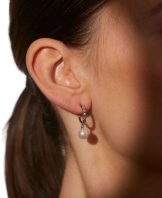 Silver-Tone Imitation Pearl & Cubic Zirconia Small Hoop Earrings, 0.625", Exclusively at Macy's
