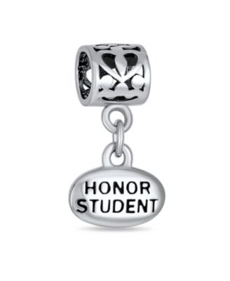 Set of 2 Graduation Cap & Words Honor Student Dangle Charm Bead Sterling Silver