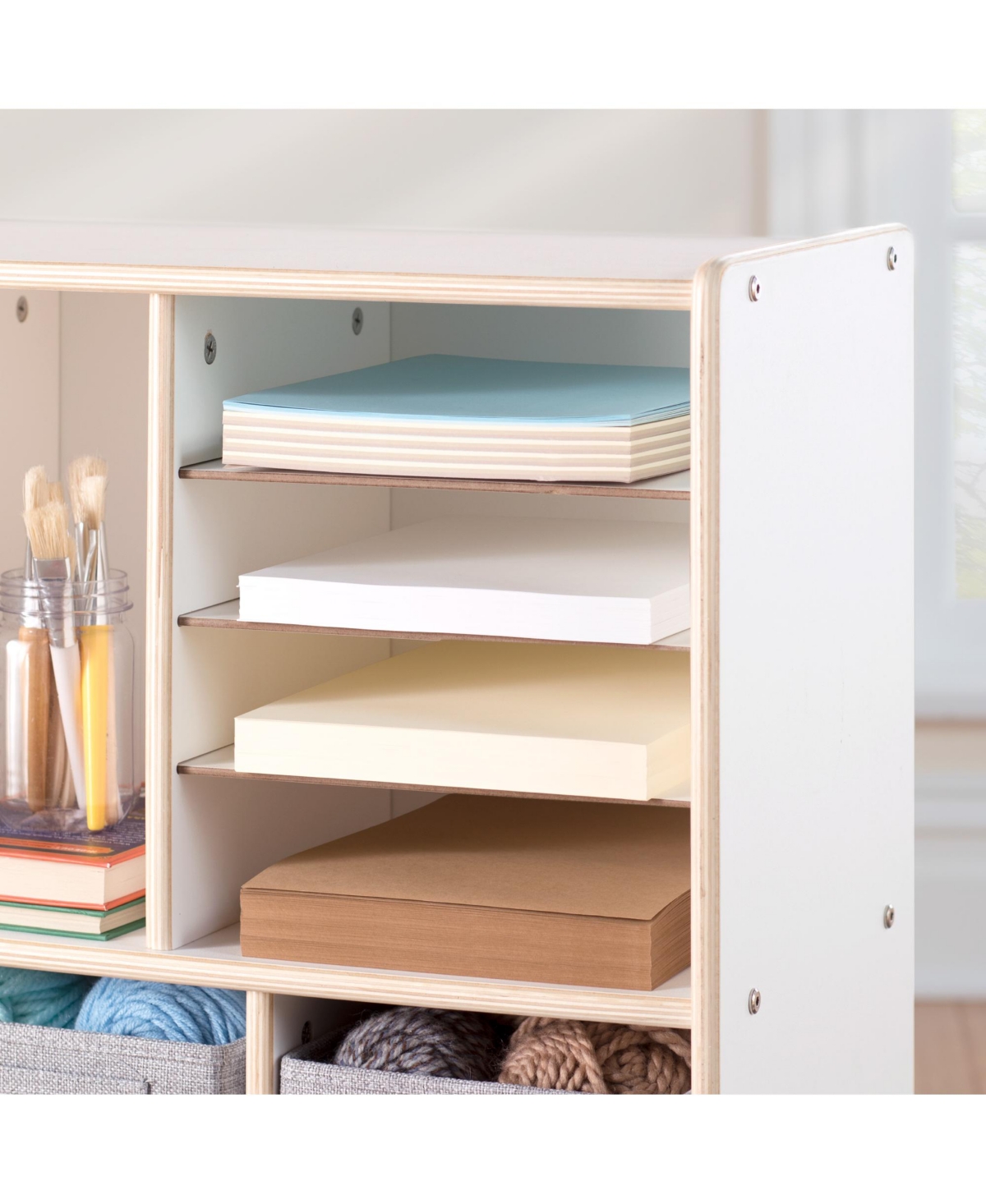 Guidecraft EdQ Shelves and 10 Bin Storage Unit 30" Natural: Wooden Bookcase with Compartments for Kids' Toys Books Playroom