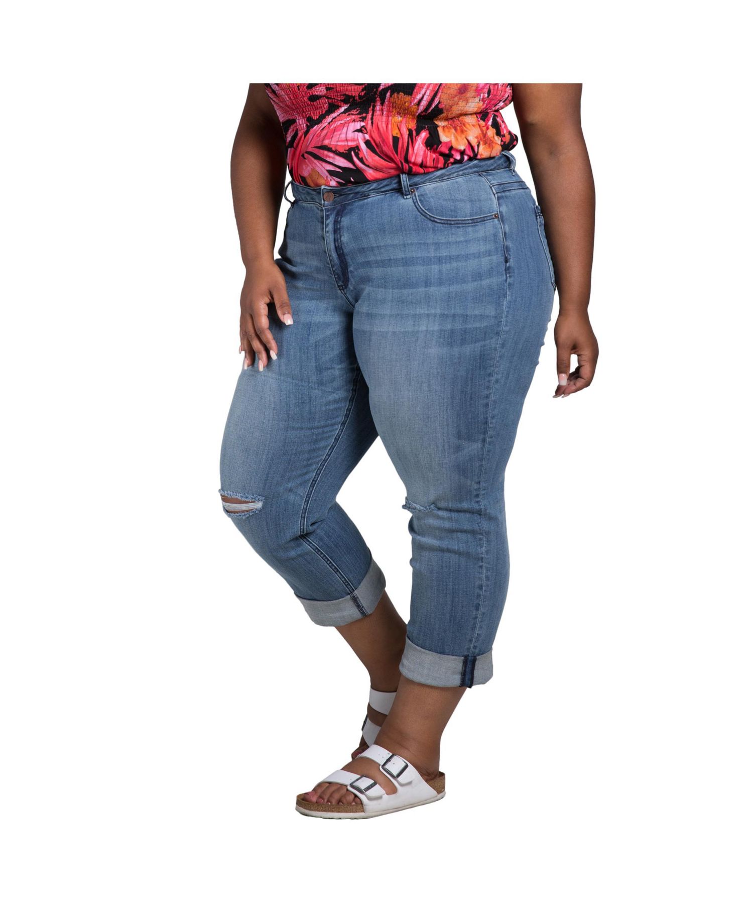 Women's Curvy-Fit Slight Rip Roll-Up Boyfriend Jeans