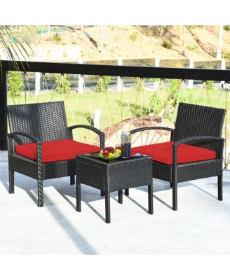 3PCS Patio Rattan Furniture Set Coffee Table & Chairs Set with Seat Cushions Garden