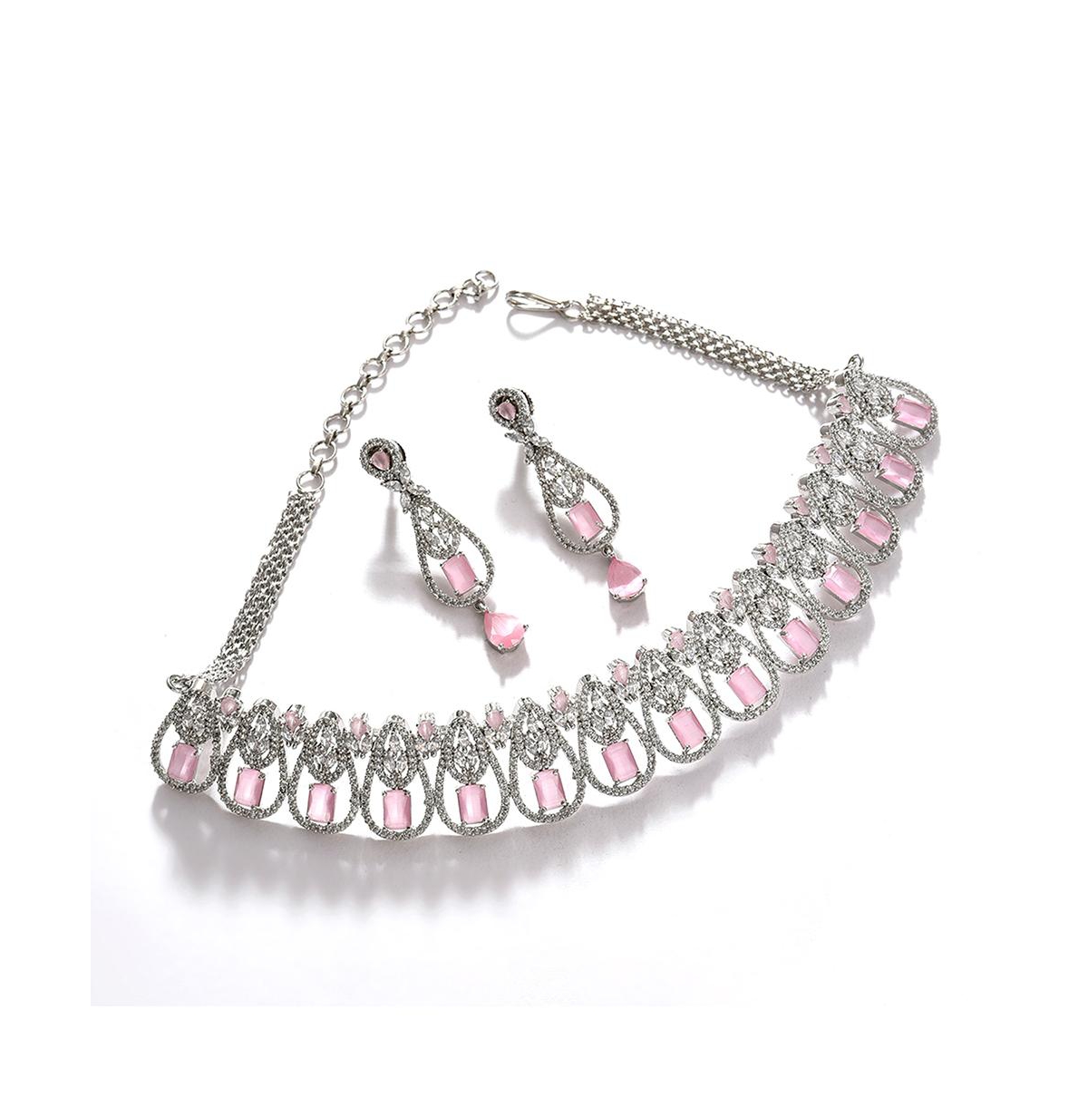 Sohi Women's Silver Plated Designer Jewellery Set - Pink