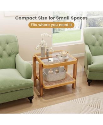 2 PCS End Table with Tempered Glass Top Acacia Wood Legs Rattan Storage Shelf