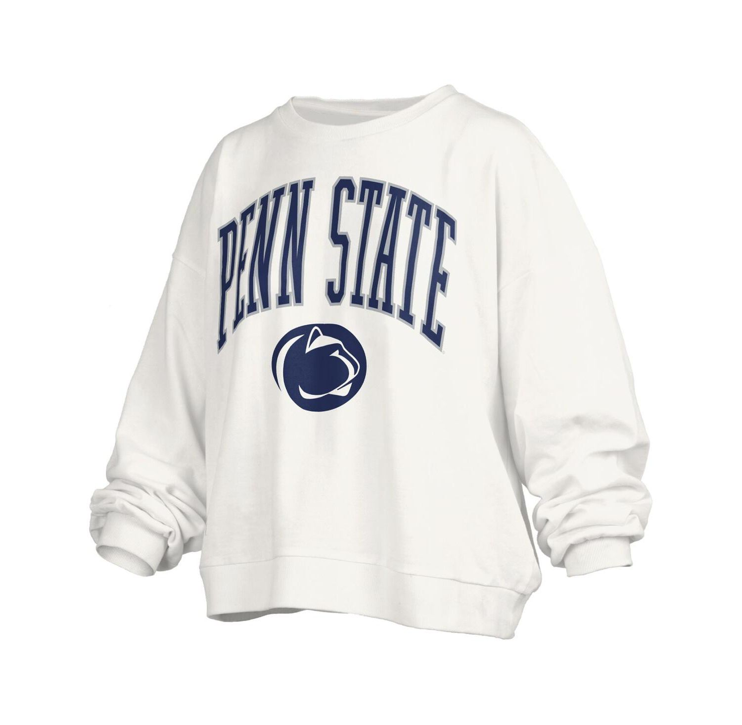Women's White Penn State Nittany Lions Janise Arch Over Logo Waist Length Oversized Pullover Sweatshirt